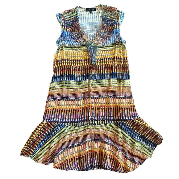 Saloni Colorful Stripe Shift Dress Ruffle Lace Bold Sleeveless Size 4 Women's - Picture 1 of 10